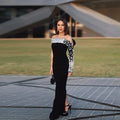 Top Quality Women Sexy One Shoulder Sparkly Crystal Bodycon Long Bandage Dress Evening Party Red Carpet Fashion Outfit Vestido black
