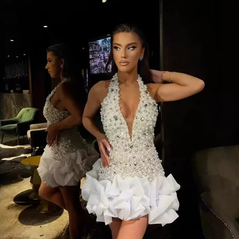 Luxury Diamond Beading Sexy V-Neck Halter Sleeveless White Mini Dress Woman Wedding Party Vestido Birthday Party Outfit WHITE