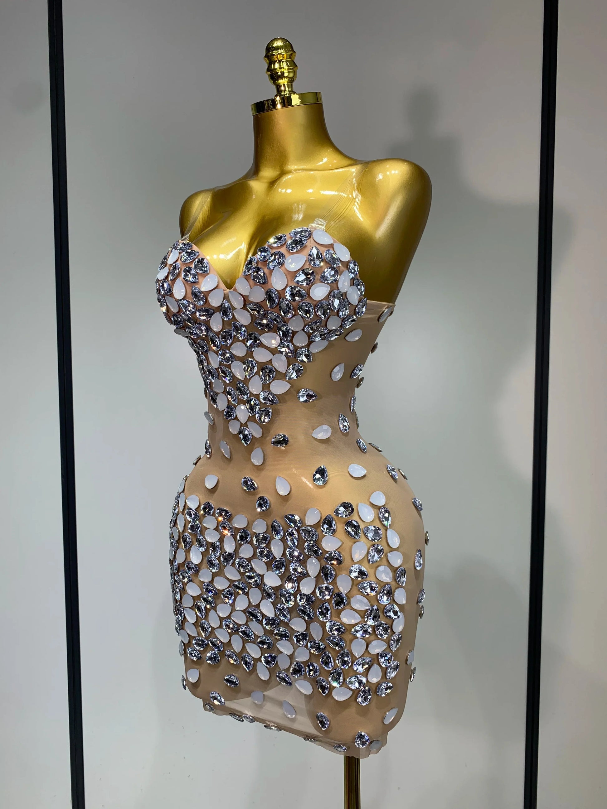 Sexy Sparkly Rhinestone Backless Mini Dress Women Sleeveless Mesh See Through Evening Party Luxury Birthday Gown Stage Outfit