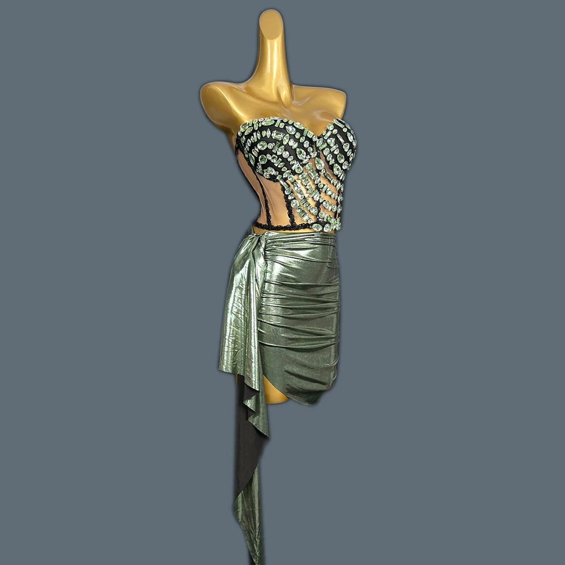 Women's Fashion Suits Two Pieces Crop Top Skirt Sets Night Club Shiny Diamonds Luxury Party Show Stage Outfit Feicui green One Size