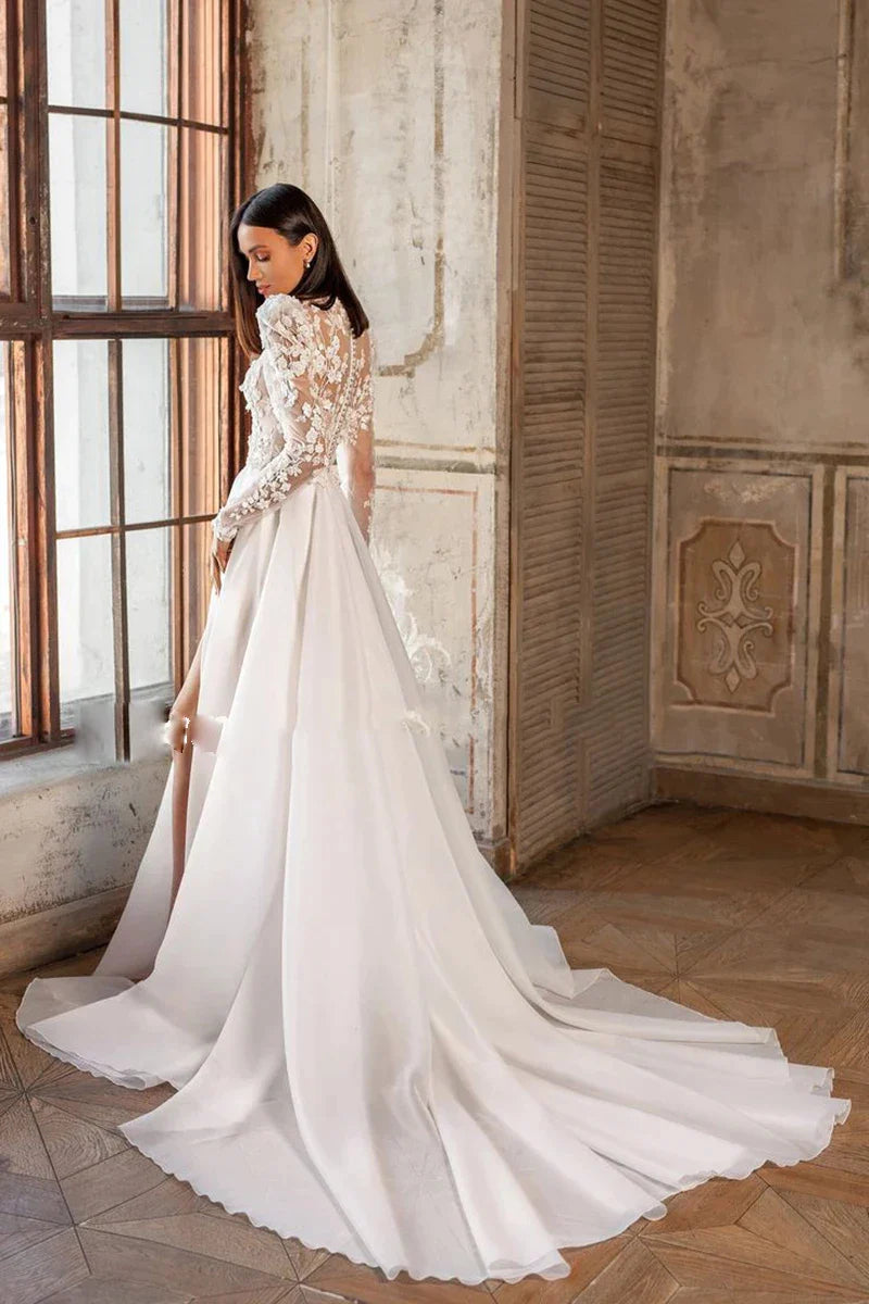 Belle luxe bohème haute fourchette robes de mariée a-ligne col haut dentelle Tulle plage robe de mariée manches longues balayage Train nouveau 