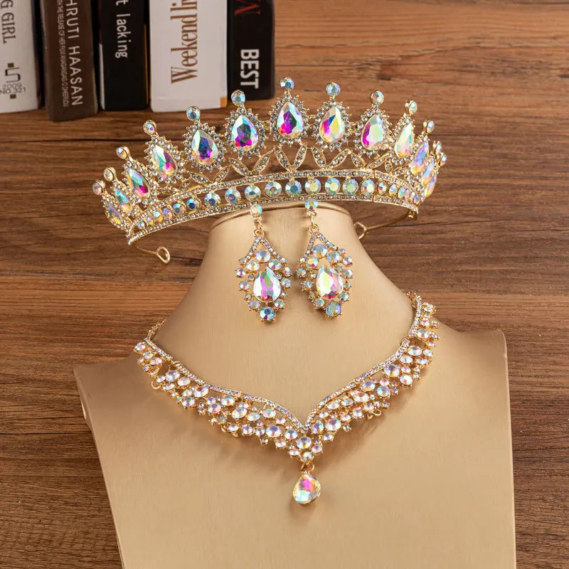 Luxury Silver Color Crystal Water Drop Bridal Jewelry Sets Rhinestone Tiaras Crown Necklace Earrings Wedding Dubai Jewelry Set TS-0015-N-XL-0019-C Tiaras