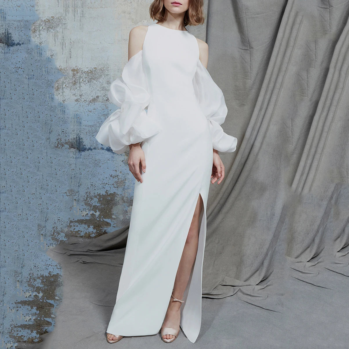 Bankett Abendkleid weiße Frauen Luxus Off Schulter Puff Ärmel Brautkleider elegant sexy schlitz long prom Party vestido