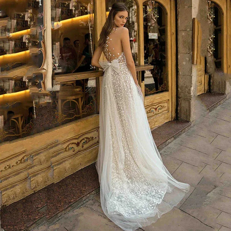 A-Line Lace Wedding Dresses Women's Deep V Neck Beach Wedding