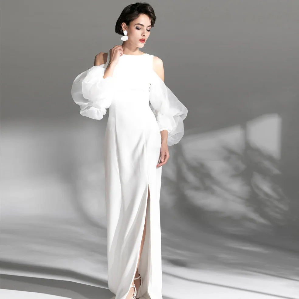 Robe de soirée blanche pour femmes, tenue de luxe, épaules dénudées, manches bouffantes, élégante, Sexy, fente latérale, longue, tenue de bal