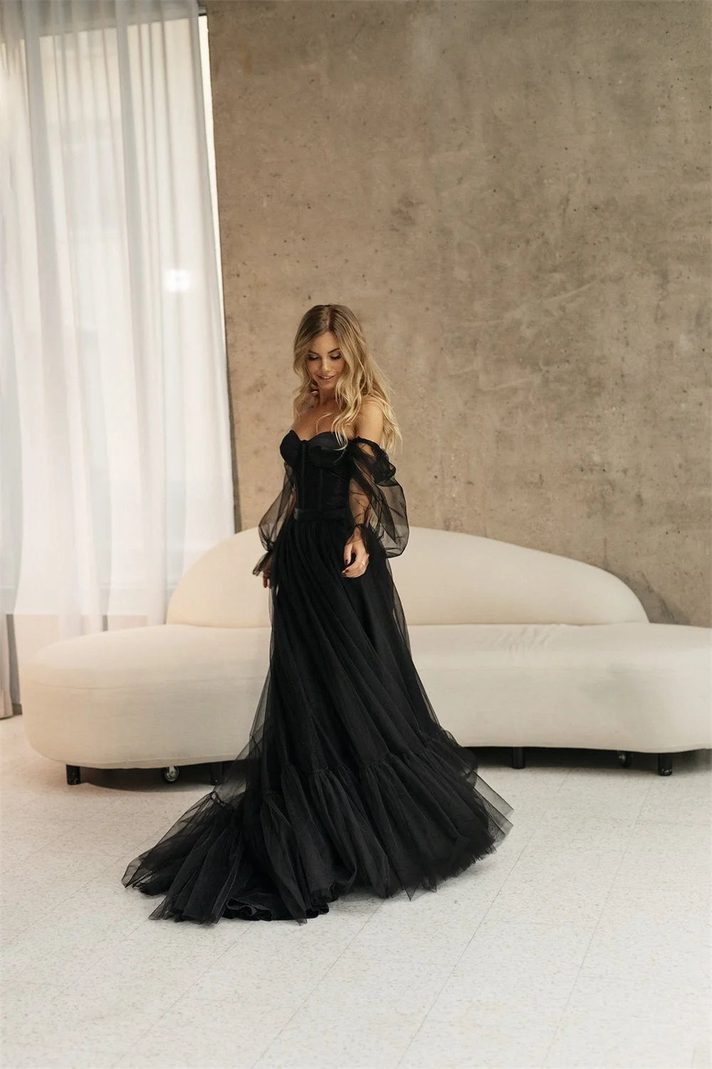 Cathy Black Off Shoulder Prom Dress 2023 Gothic Puffy Sleeve Party Dresses Tulle Sweep Train Evening Dress Sexy فستان سهرة