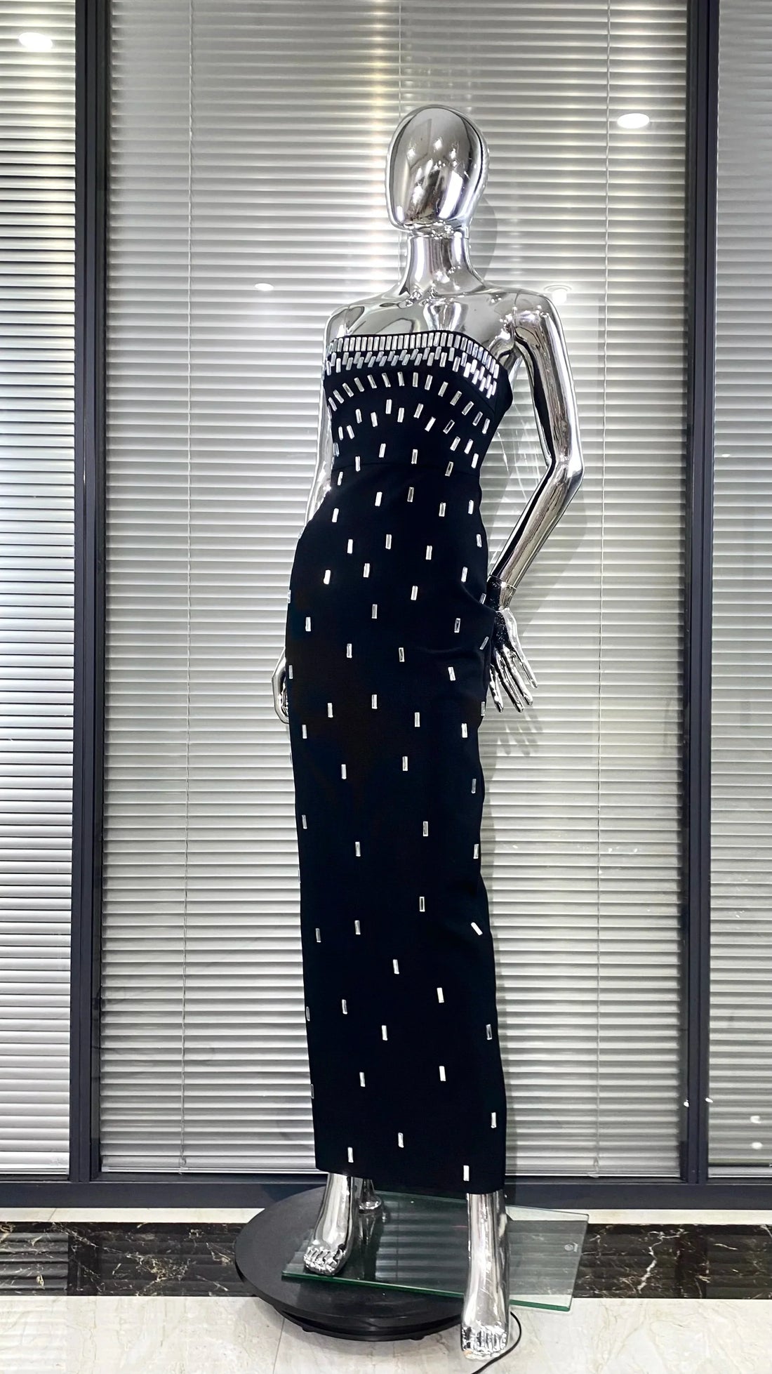 Sparkling Diamonds Fashion Woman Party Dress Strapless Black Bandage Ankle Length Dress Celebrity Birthday Party Outfit