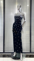 Sparkling Diamonds Fashion Woman Party Dress Strapless Black Bandage Ankle Length Dress Celebrity Birthday Party Outfit