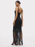 Black Diamond Tassel Spaghetti Straps Long Dress Backless Sleeveless Fringed Patchwork Bodycon Evening Party Gowns