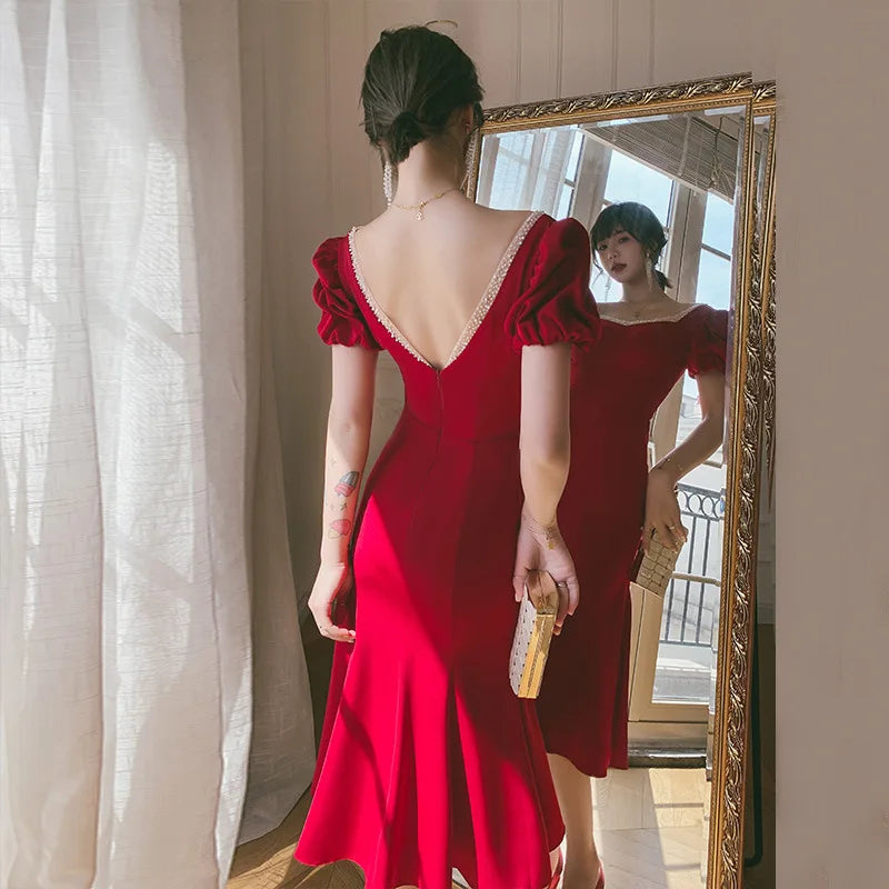 Vestidos de novia de satén rojo para novia, vestido Formal elegante con manga abombada para invitados de noche, vestido largo por debajo de la rodilla para fiesta de verano, vestidos formales para mujer