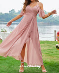 Pink Chiffon Bridesmaid Dresses Off the Shoulder Spaghetti-Strap A-Line Ruffles Side Split Wedding Party Dresses Customized