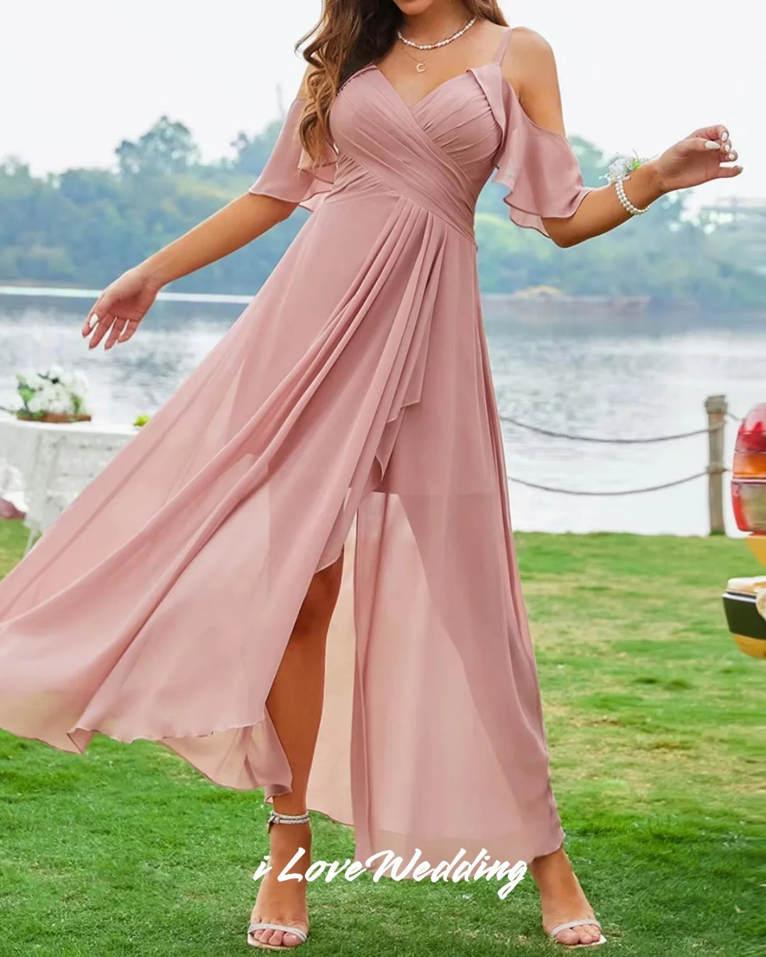 Pink Chiffon Bridesmaid Dresses Off the Shoulder Spaghetti-Strap A-Line Ruffles Side Split Wedding Party Dresses Customized