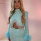 Chic Lace Beaded Mini Cocktail Dresses Feathers Long Sleeves Skirt Sets 2 Pieces Short Prom Dress Sexy Blue Tassels Party Gowns