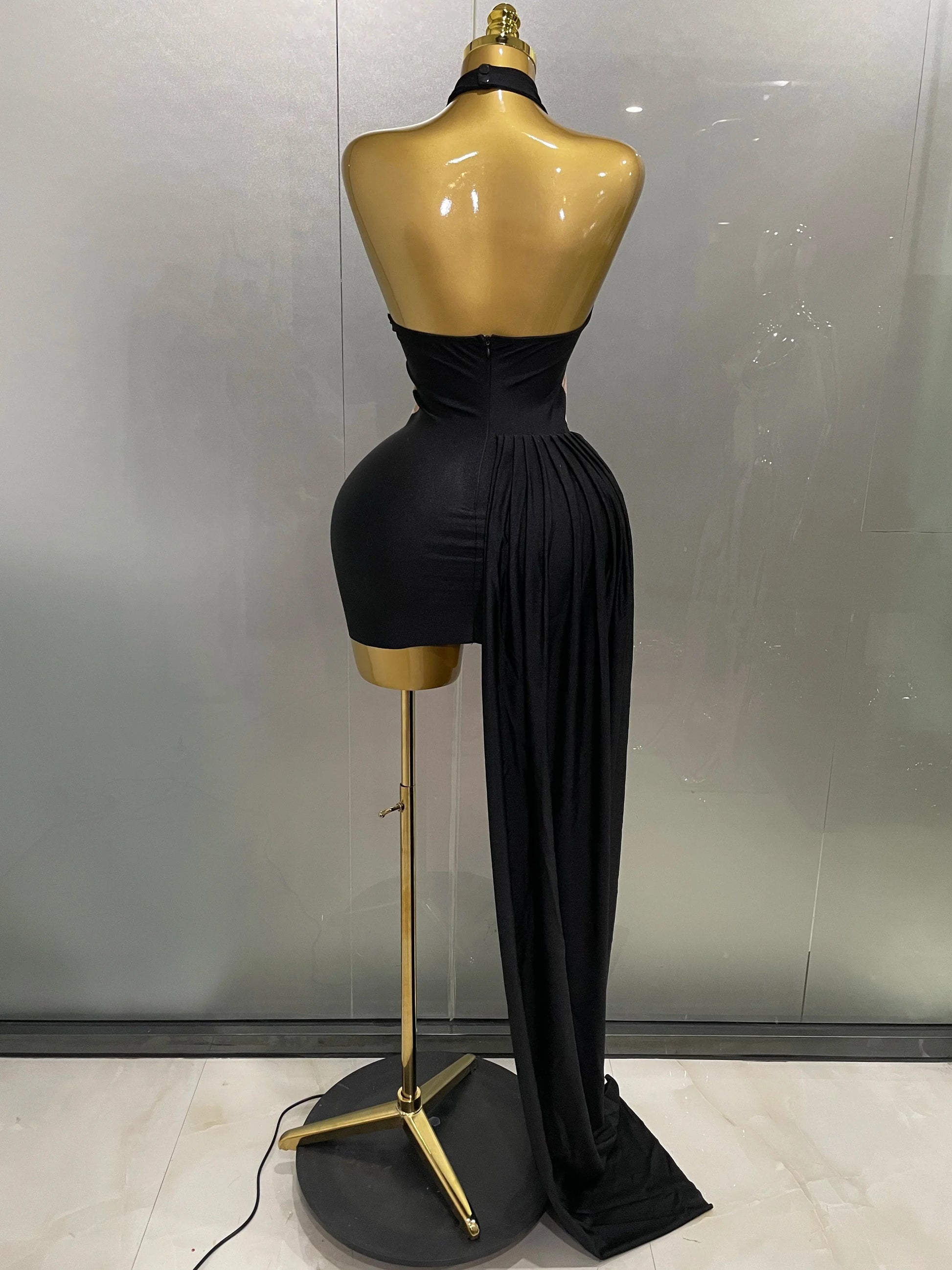 Sexy Sparkly Beaded Mesh See-Through Backless Cocktail Short Dress Women Evening Prom Celebrate Birthday Party Stage Costume