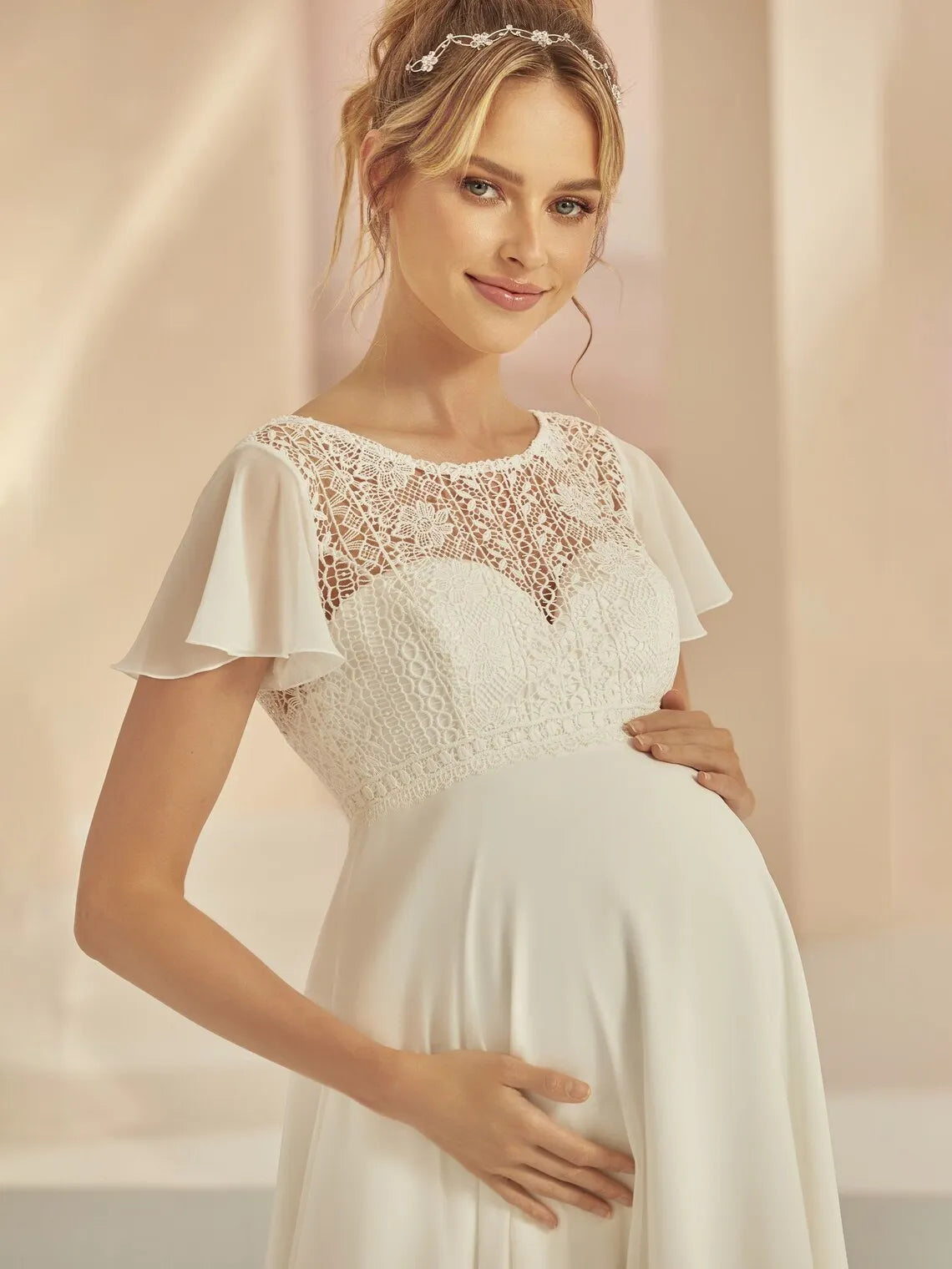 Pregnant Wedding Dress Engagement Bride Gown Lace Chiffon Short Sleeves Corset Back Long Floor Length Sweep Train Bridal Gown
