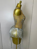 Sliver Sequins Shining Diamonds Sexy Mesh Long Tassel Bodysuit Women Nightclub Party Birthday Stage Performance Costume