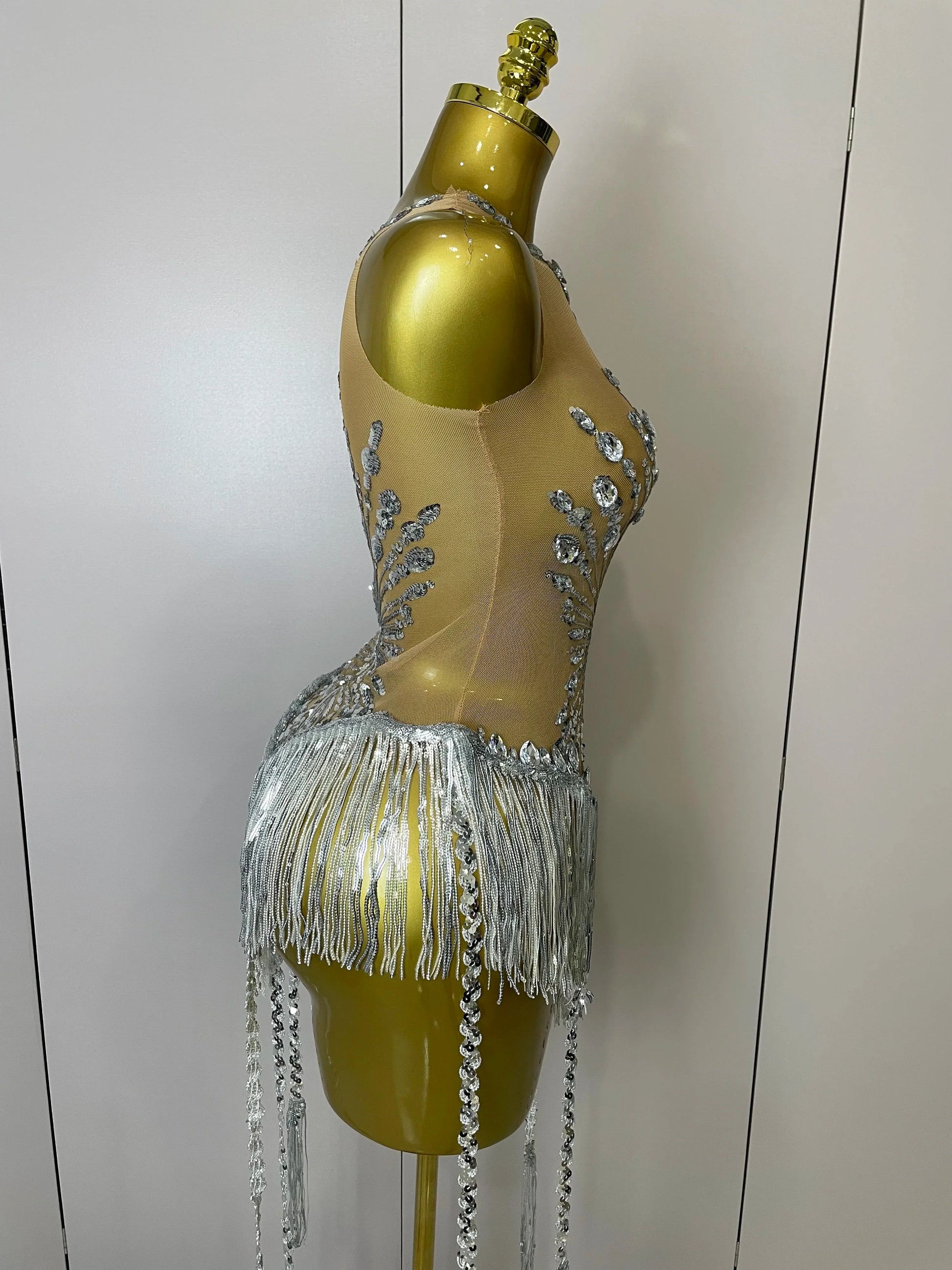 Sliver Sequins Shining Diamonds Sexy Mesh Long Tassel Bodysuit Women Nightclub Party Birthday Stage Performance Costume