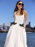 Fresh White Spaghetti Sleeveless Square-Neck with Lace Butterfly Details Midi Dress for Garden Party Gown
