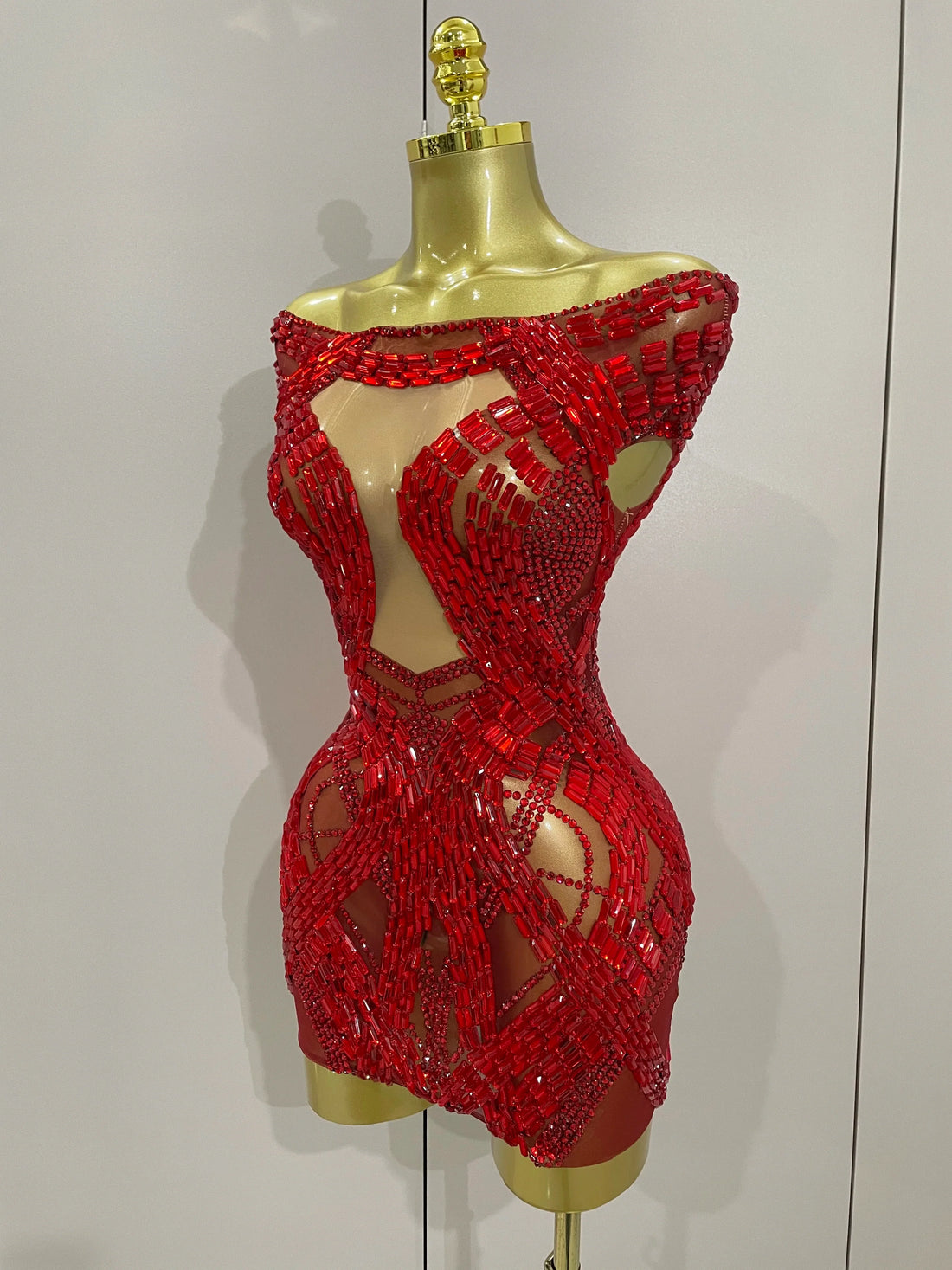 Shining Red Rhinestones Sexy Mesh See-Through Mini Dress Women Celebrate Evening Prom Birthday Party Dress Stage Shoot Wear Red