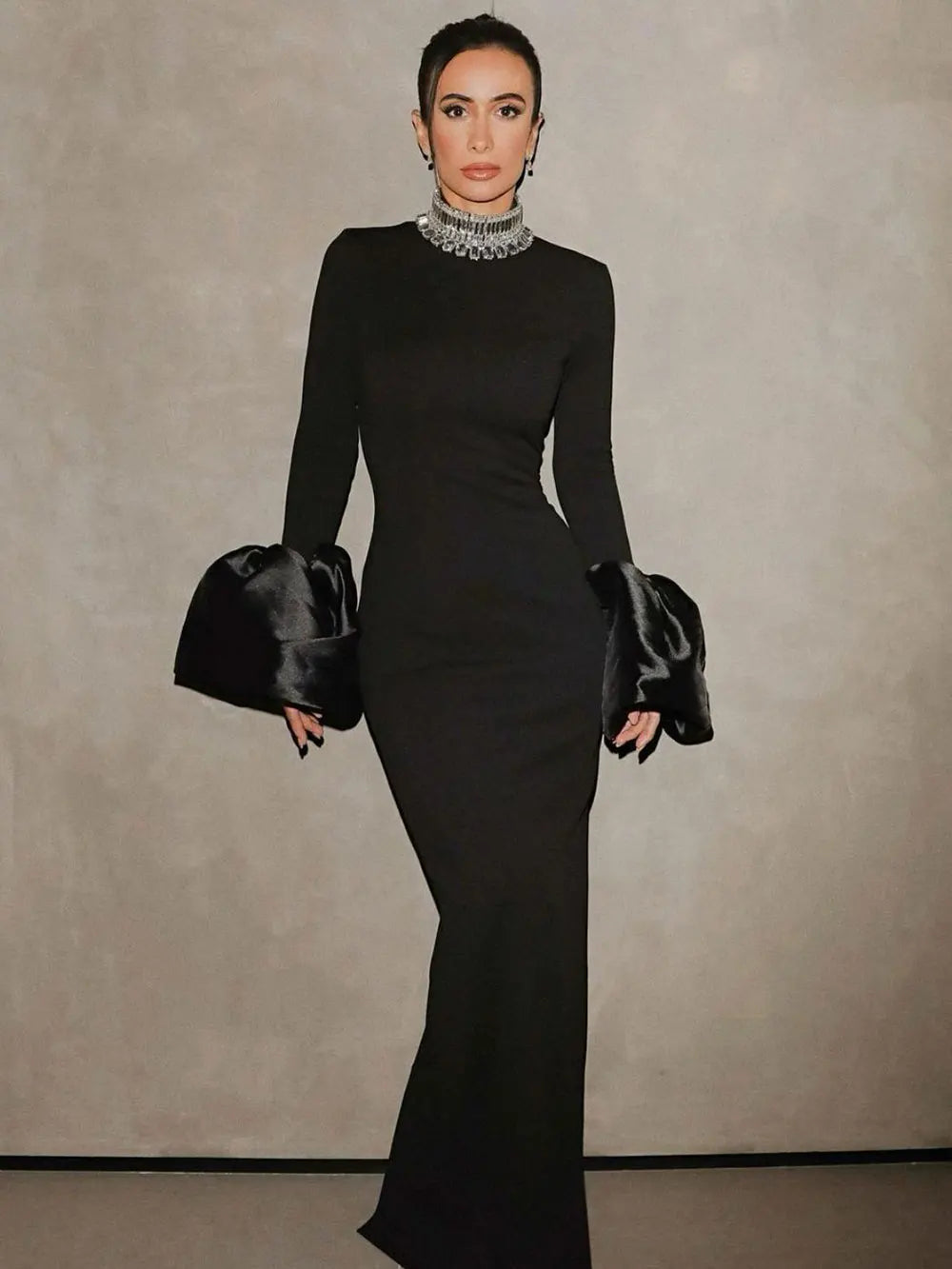 Women's Light Luxury Beaded Elegant Bandage Dress Stand Collar Horn Sleeve Bodycon Long Dresses Evening Club Party Vestidos