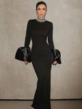 Women's Light Luxury Beaded Elegant Bandage Dress Stand Collar Horn Sleeve Bodycon Long Dresses Evening Club Party Vestidos