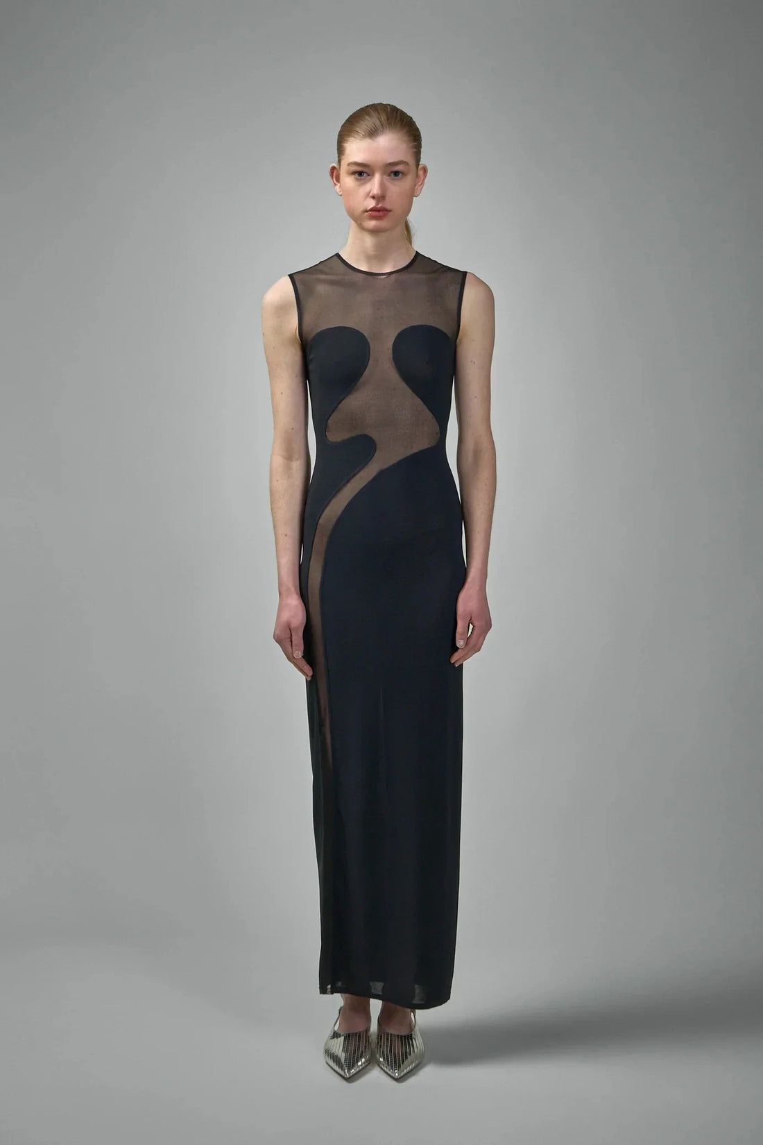 Black White Women Sleeveless Sexy O-Neck Bodycon Bandage Long Dress Mesh Celebrate Evening Party Nightclub Outfit Wholesale