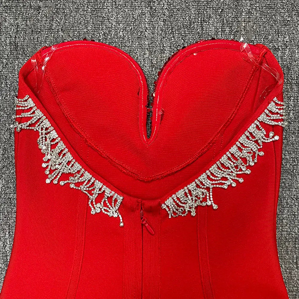 Sexy Women'S Light Luxury Sequin Rhinestone Tassel Design Bandage Dress Strapless Sleeveless Bodycon Backless Midi Dresses