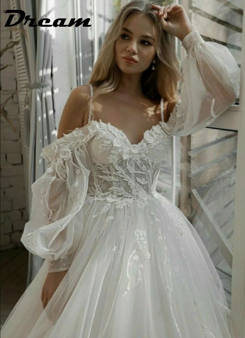Dream Off koronkowe brokatowe tiulowe sukienki ślubne Długie puchanie rękawy 3D kwiaty boho panny młodej Suknia vestidos de novia