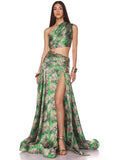 Stylish Green Print Ensemble One-Shoulder High Slit Two-Pieces Dress Set for Summer Galas