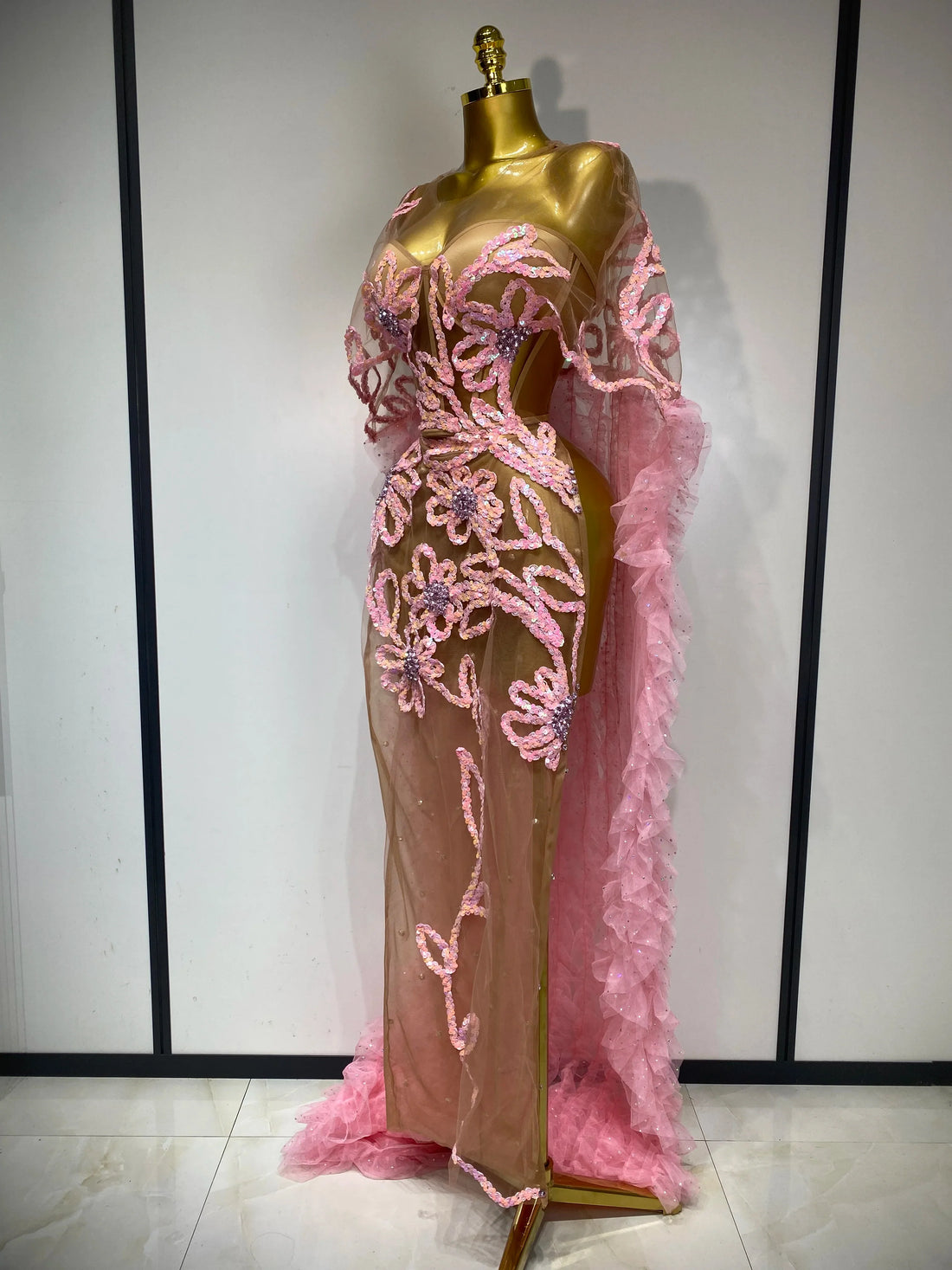 Women Sexy Mesh See Through Sequins Pink Maxi Long Dress Sparkly Sequin Evening Party Costume Stage Performance Birthday Dress Pink