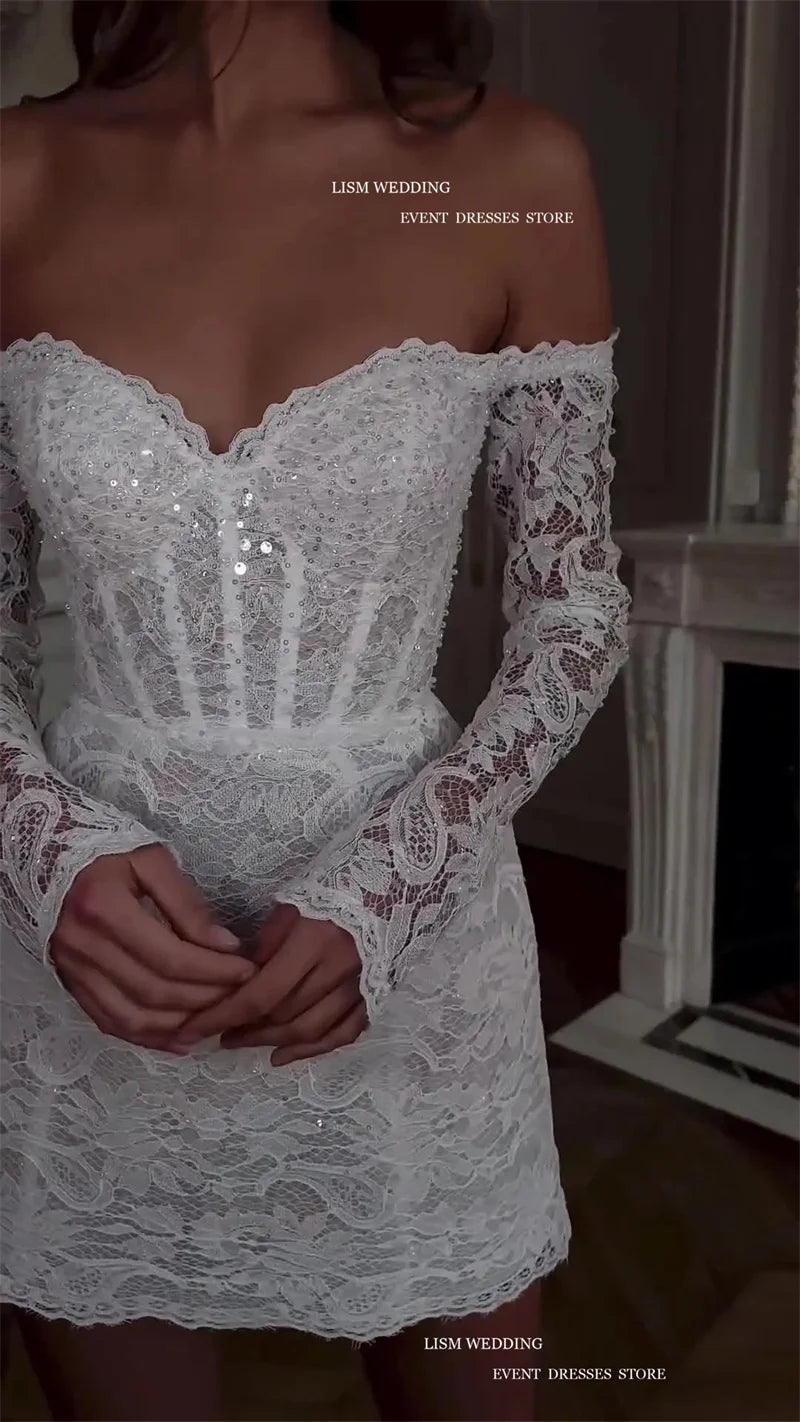 Paillettes pleine dentelle a-ligne Mini robes de mariée manches longues chérie hors de l'épaule robes de mariée courtes vestidos de novia