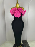 Stereoscopic Red Flowers Sexy Off The Shoulder Ankle Lenght Bandage Dress Woman Birthday Party Vestido Wedding Party Outfit Rose Red