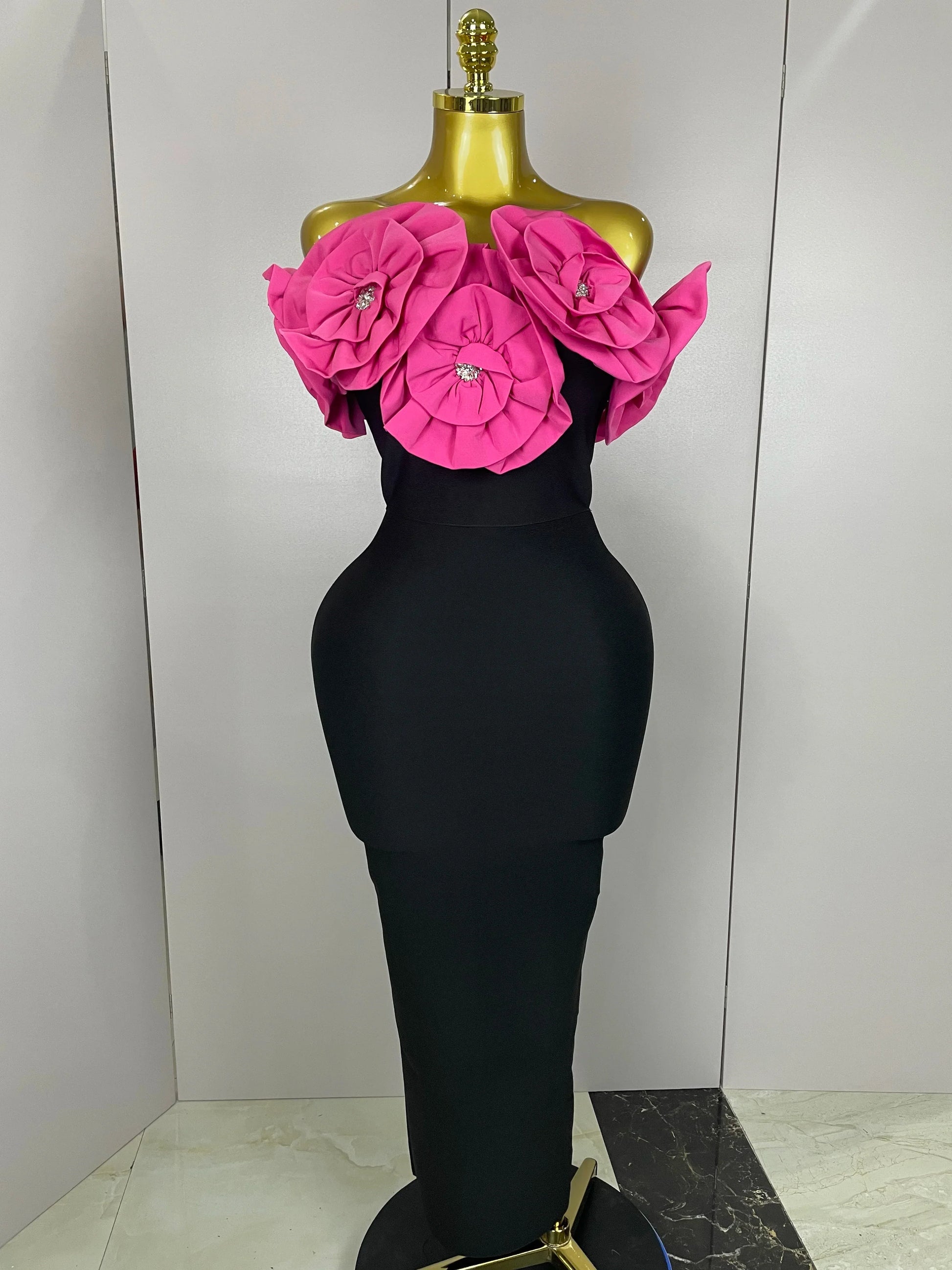 Stereoscopic Red Flowers Sexy Off The Shoulder Ankle Lenght Bandage Dress Woman Birthday Party Vestido Wedding Party Outfit Rose Red