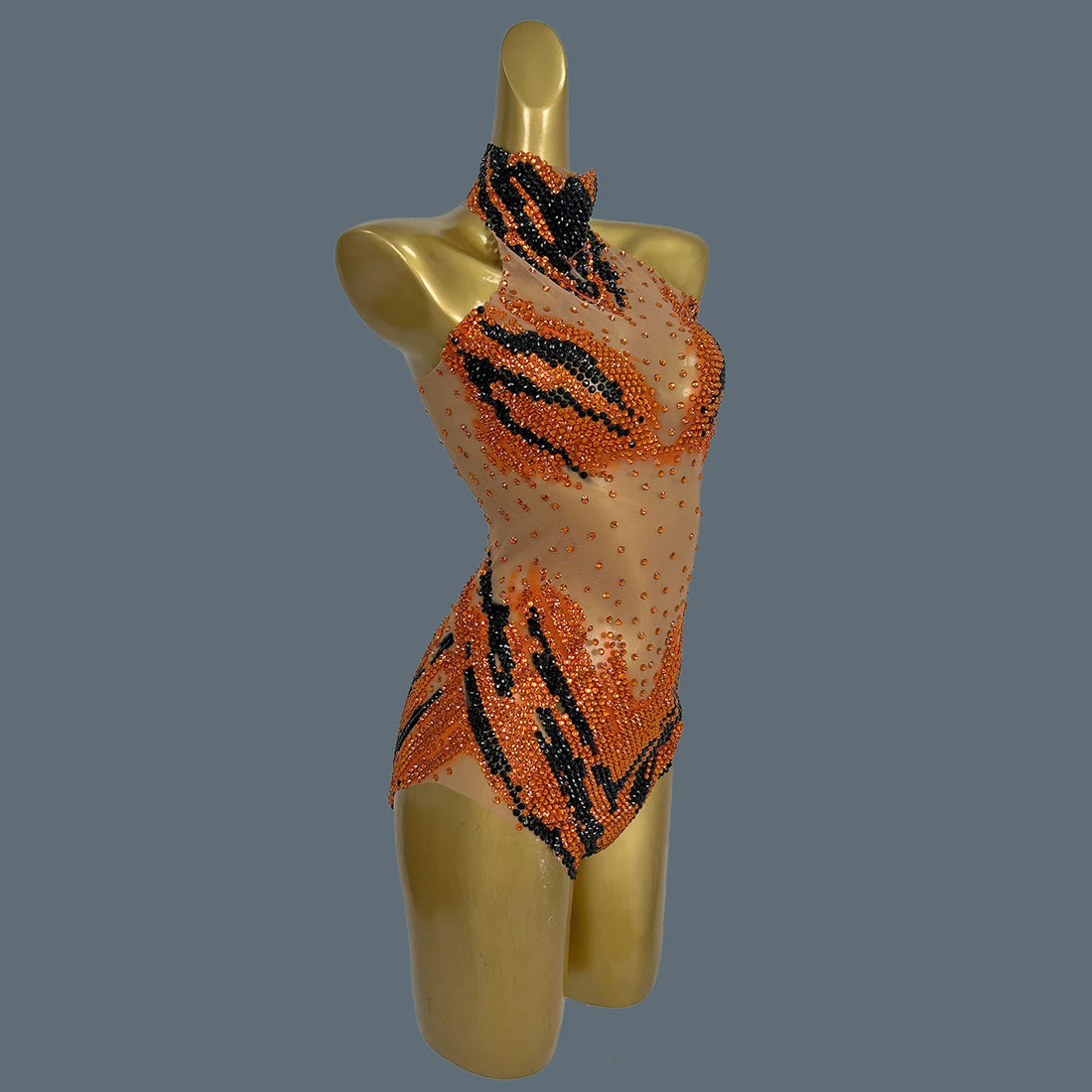 Luxury Birthday Party Outfit Rhinestones Leotard Dancer Costume Bodysuit for Women Crystal Evening Dress Stage Show Wear Huniu Orange One Size