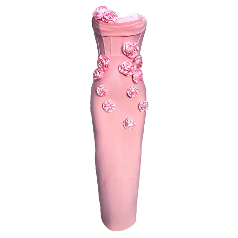 Pink Red Color Women Sexy Strapless Florals Bodycon Long Bandage Dress Evening Party Celebrate Birthday Outfit Vestido Pink