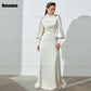 Muslim Simple High Collar Ivory Mermaid Wedding Dresses Button Full Satin Draped Pleat Bride Gown Floor Length robe de mariée