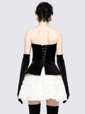 Vintage Glam Party Three-Pieces Strapless Mini Dress Outfit Black Velvet Bustier & White Floral Skirt