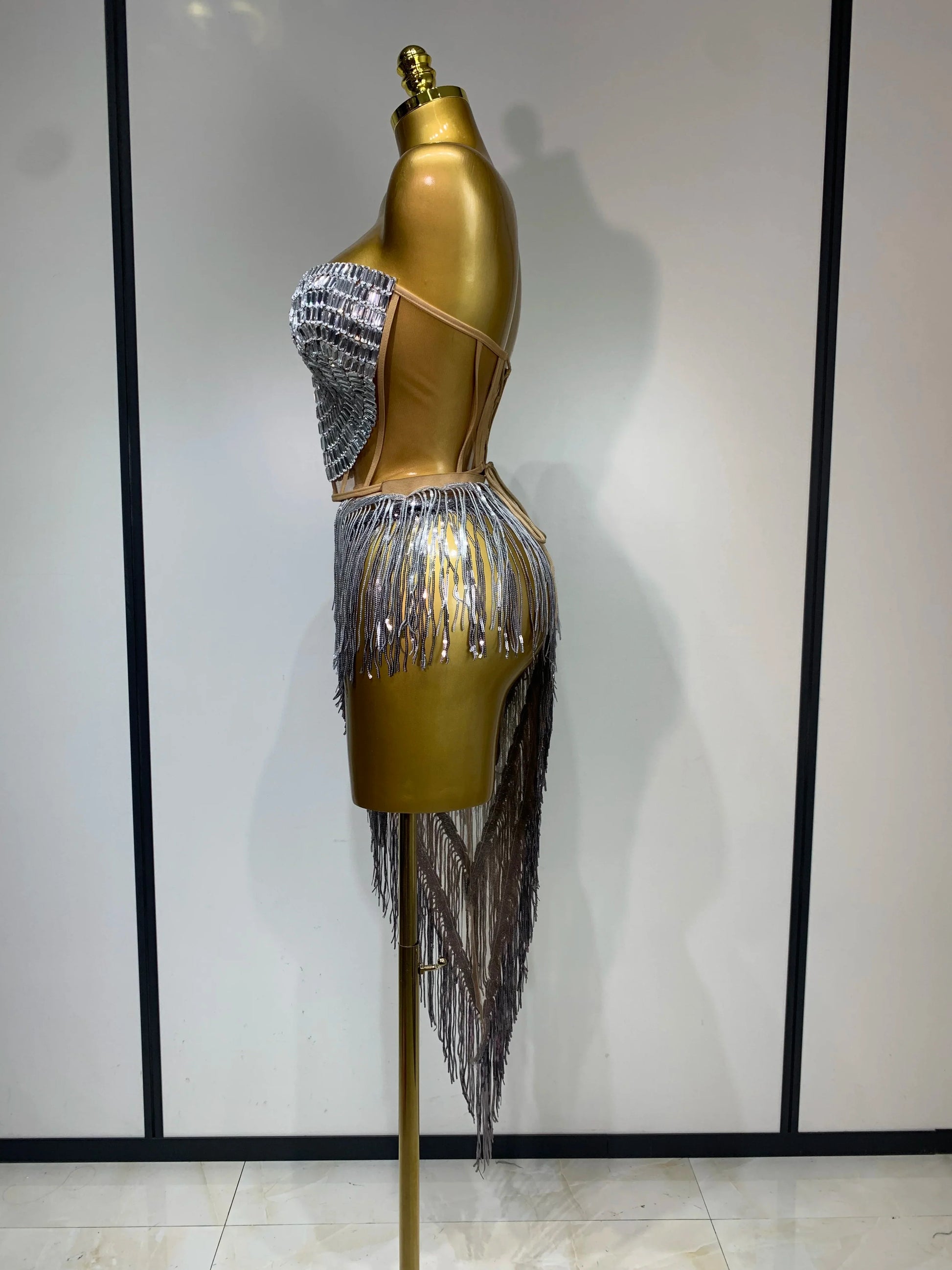 Sexy Sparkly Diamond Tassel Two Piece Set Women Evening Party Luxury Birthday Nightclub Singer Dancer Performan Stage Costume