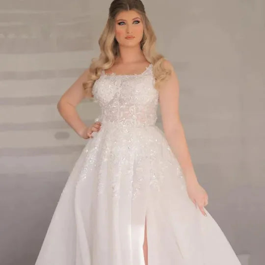 Plus Size Wedding Dresses For Woman A-Line Boat-Neck Side Slit Lace Appliques Bride Gowns Tulle Vestido de Novia Customed As picture