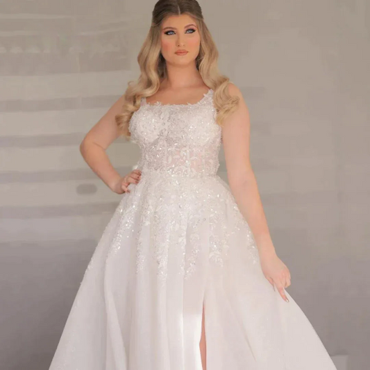 Plus-Size-Brautkleider für Frau A-Line Boat-Hals Seitenschlitzspitzen Applikationen Brautkleider Tüll Vestido de Novia Customed