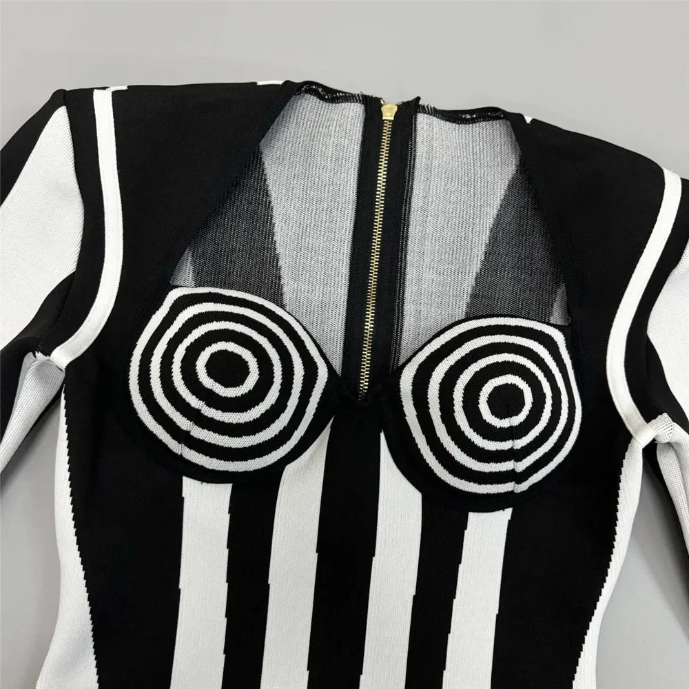 Sexy Women Light Luxury Stripe Dress Strapless Long Sleeve Bodycon Mini Dress Celebrity Cocktail Club Evening Party Vestido