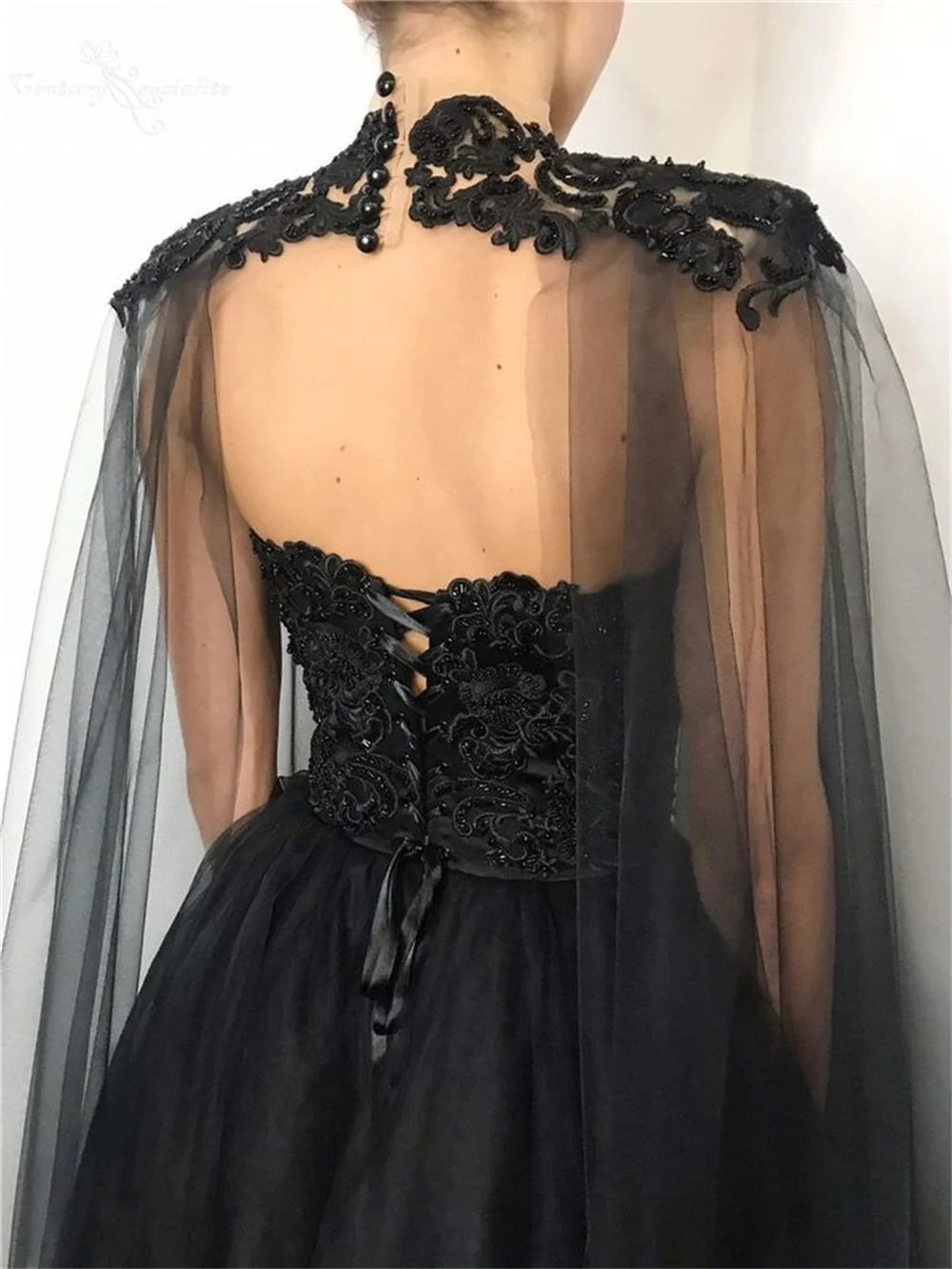 Vestido de fiesta gótico negro con escote en forma de corazón, capa con bordado de encaje, vestido de noche de tul de corte A