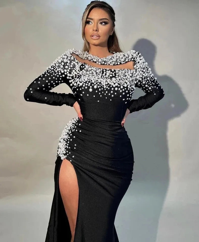 Luxury Pearls Mermaid Prom Dresses Sexy Cut-out High Slit Evening Party Dress Handmade Beaded Stretch Formal Occasion Dresses