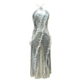 Starry Silver Sequin Strappy Backless Sleeveless with Ruffle Mesh Details Dressfor Party Glamour Gown Silver