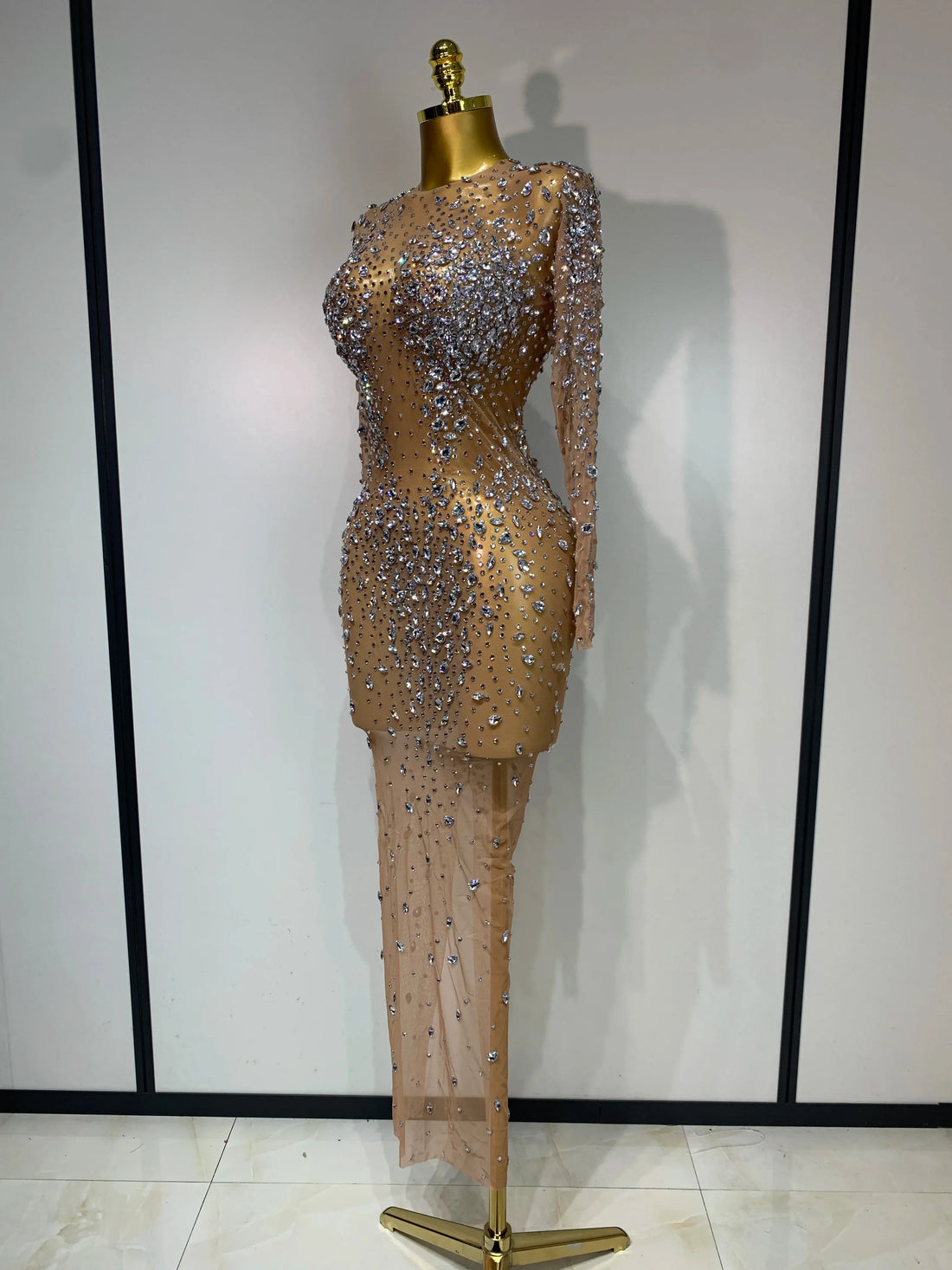 Women Sexy Long Sleeve Bodycon Dress Luxury Birthday Evening Party Glitter Rhinestones Mesh See Through Prom Gown Stage Outfit Silver