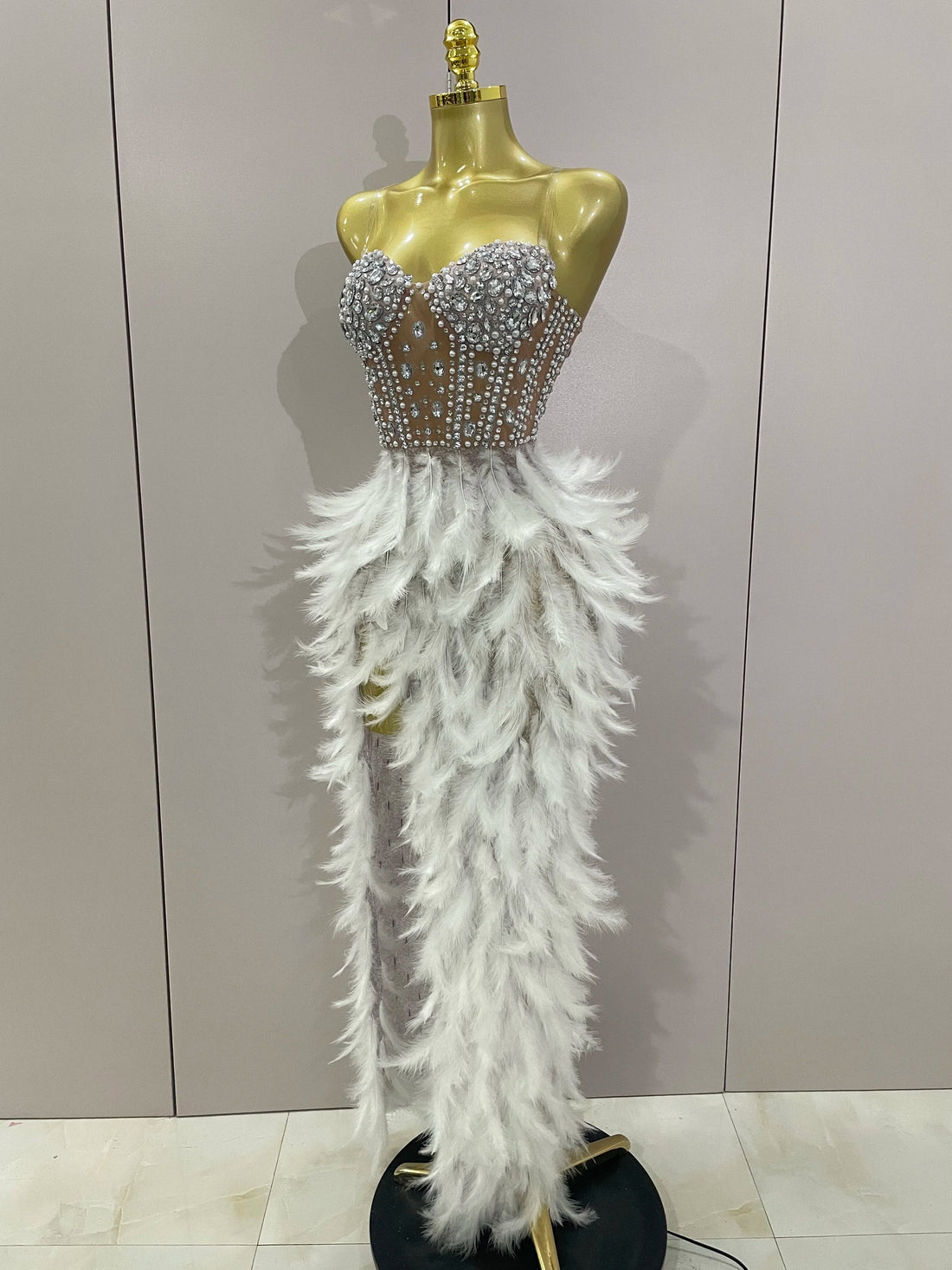 Luxury Sparkle Rhinestone White Feather Sexy Mesh Long Dress Women Evening Party Birthday Performance Photoshoot Costume Silver