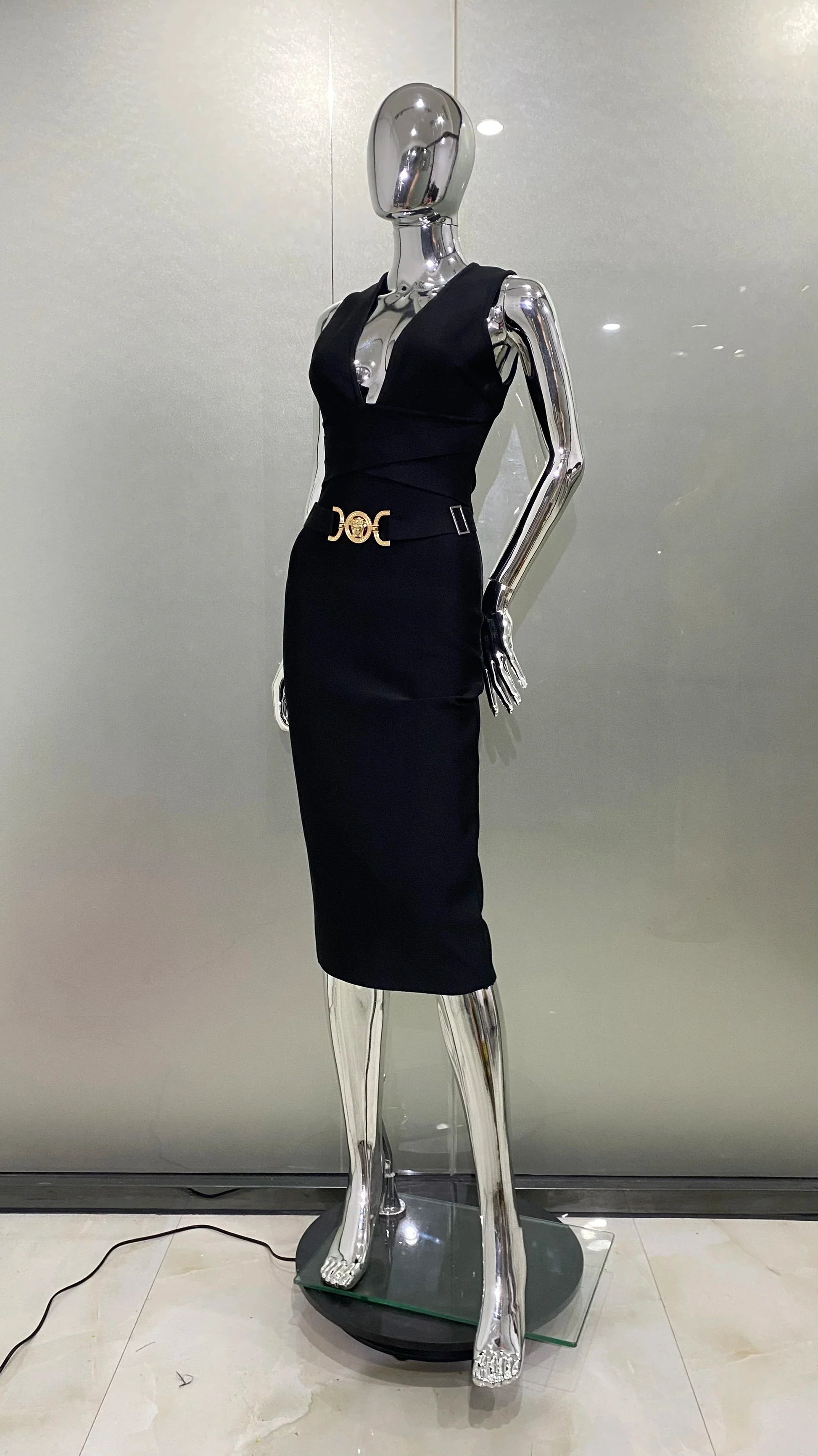 Fashion Diamond Girdle Sleeveless Package Hips Midi Calf Bandage Dress Elegant Woman Evening Dress Celebrity Party Vestido