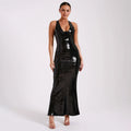 Summer Women'S Dress Black Sequins Tight Sexy V-Neck Sleeveless Backless Catwalk Party Long Gowns With 3D Flower black
