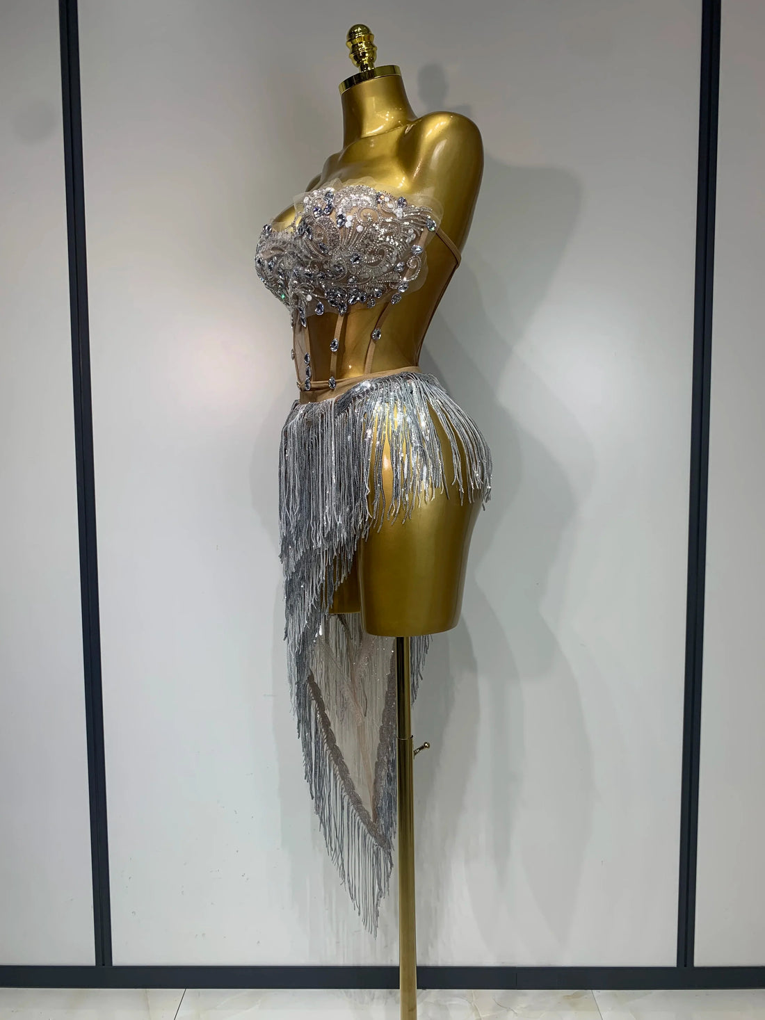 Women Sexy Singer Dancer Performan Costume Nightclub Bar Girl Sparkly Diamond Tassel Two Piece Set Evening Party Birthday Outfit Silver