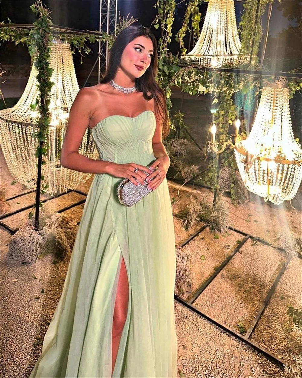 Sexy Side Split Light Green Vestidos De Noche Strapless A-line Prom Dress Tulle Floor Lenght فساتين السهرة